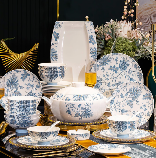 Picture of Jingdezhen high-end pomegranate flower ceramic tableware set for personal use, light luxury bone china bowls, plates, chopsticks set, wedding gift, pomegranate flower blooming