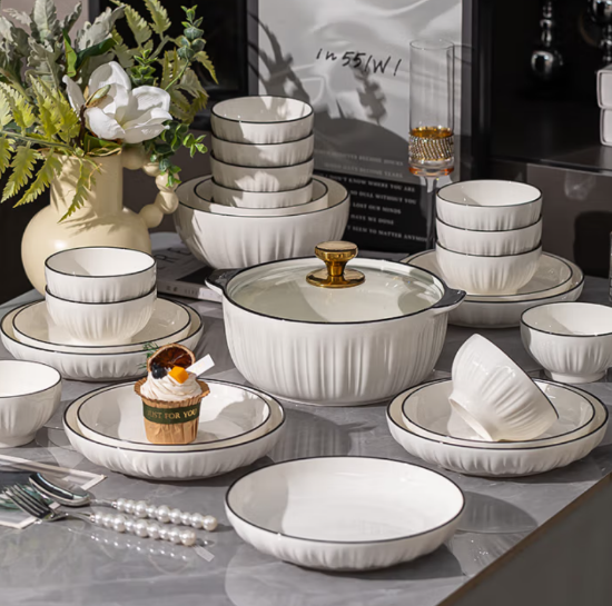 Picture of Complete set of tableware with Nordic style simple bowl and plate tableware, wedding gift bowl and plate tableware, set of tableware for 4 people, 20 pieces with soup bowl
