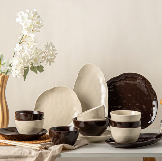 Picture of French retro cream style hand kneaded tableware set, home ceramic bowl and plate set, gift box for gift, Mocha Melbourne -2 people's food