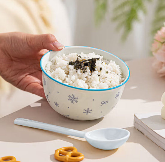 Picture of New underglaze colored ceramic bowl and tableware set for girls' hearts with ins style ceramic bowls and spoons [pink+blue], two bowls and two spoons