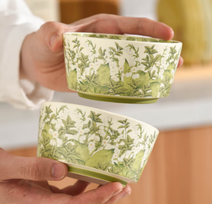 Picture of Middle ancient style oil painting, green bell orchid bowl, household rice bowl, dessert bowl, ceramic tableware, high aesthetic value, dining bowl, retro happiness bell orchid