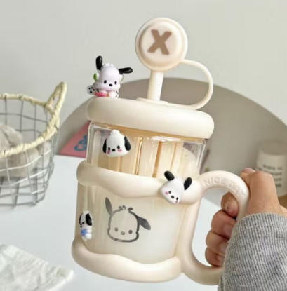 Picture of Plastic handle cup, large capacity, simple water cup, internet famous, high appearance straw cup, student female spoon cup, green+metal dog sticker
