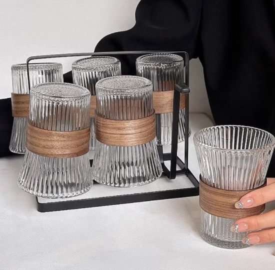 Picture of Glass water cup with cup holder set, household tea cup, heat-resistant waist, living room water cup, accordion cup+wooden cup holder 320ml, 1 piece