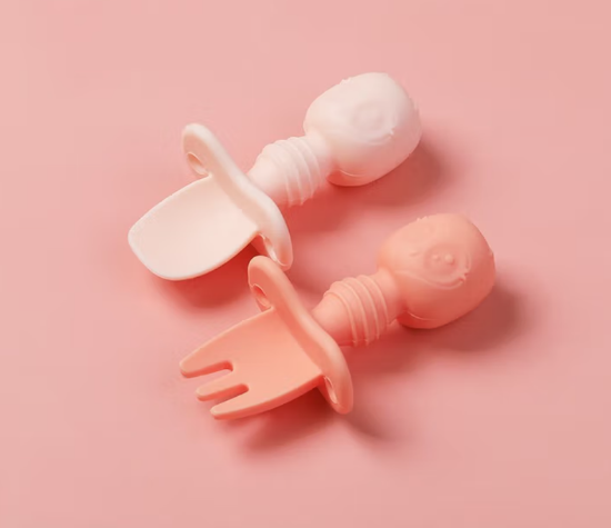 Picture of Licking Spoon Baby Learning to Eat Training Spoon Short Handle Baby Silicone Soft Spoon Fork Spoon Tableware with Storage Box Pink Fork Spoon