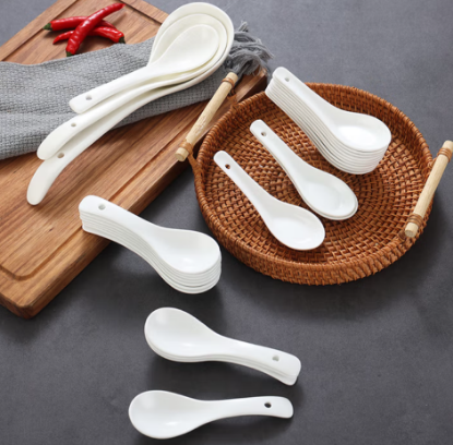 Picture of Blue color He pure white small soup spoon restaurant hotel restaurant special curved spoon ceramic spoon commercial thick three curved spoon two needle spoon three curved spoon set
